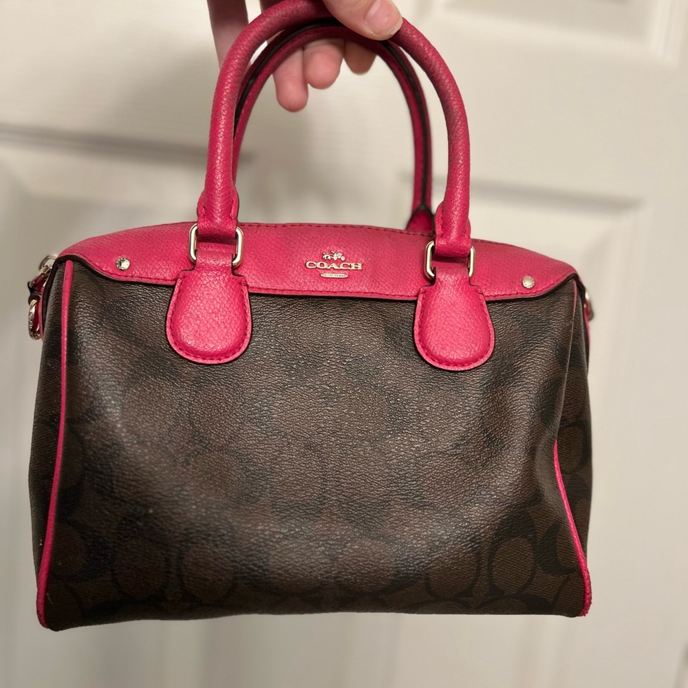 Hot Pink Trim & Dark Brown Canvas / Leather W/ Black Coach Logo S Coach Bag